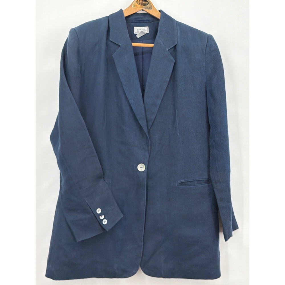 Jennifer Moore Womens Navy Blue 100% Linen Single Button Blazer Jacket Size 16